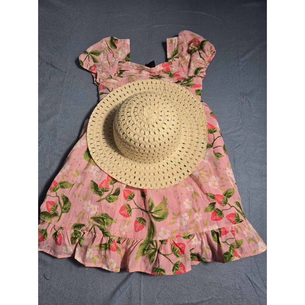Toddler Girls Pink Strawberry Print Flutter-Sleeve Smocked Dress Sz 4